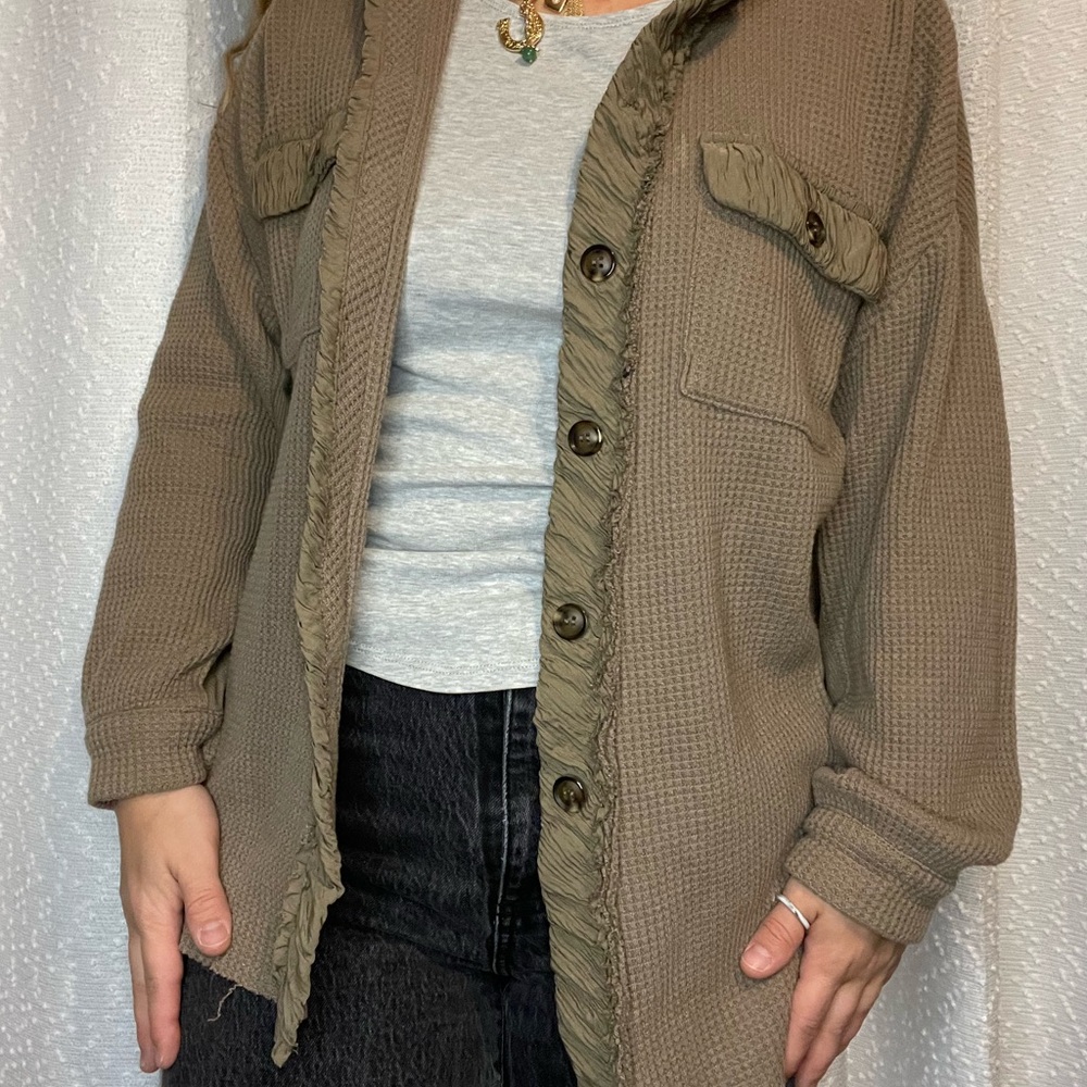 Brown Button-Up Cardigan with Ruffle Trim